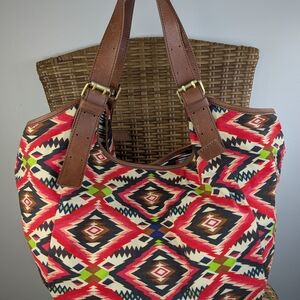 Cynthia Vincent Canvas Leather Geometric Patterned Tote Bag Southwestern Hobo